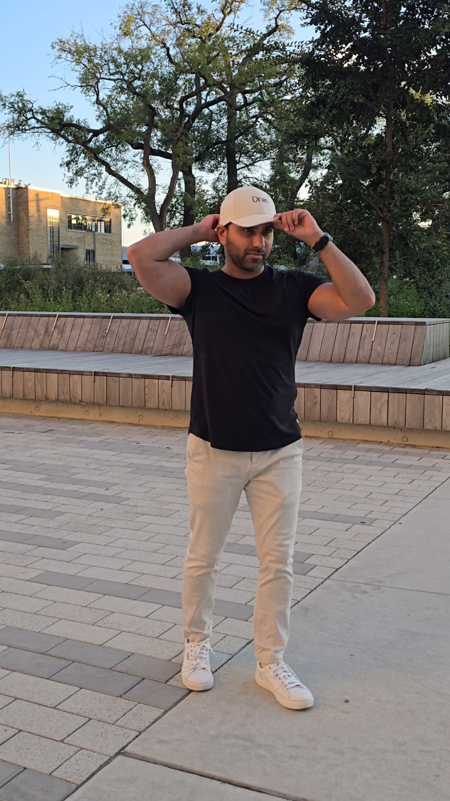 Man wearing the Drøn Intent Tee and Intent Cap Stone