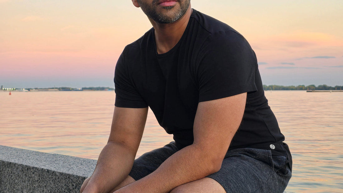 Man wearing the Drøn Intent Tee on Toronto waterfront