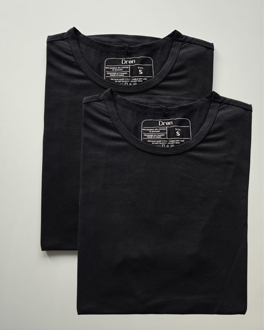 Drøn Intent Tee 2-Pack — two premium bamboo-cotton men's t-shirts in black, folded on white background